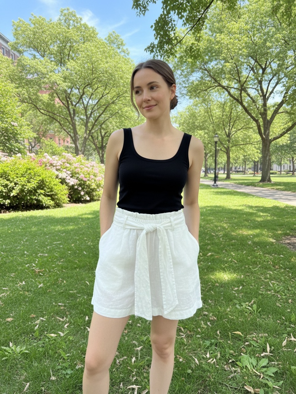 Women's White Tie-Waist Linen Blend Bermuda Shorts